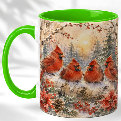 #pl[11oz|Green] Winter Cardinal Family Coffee Mug, Snowy Red Bird Mug, Ceramic Cup