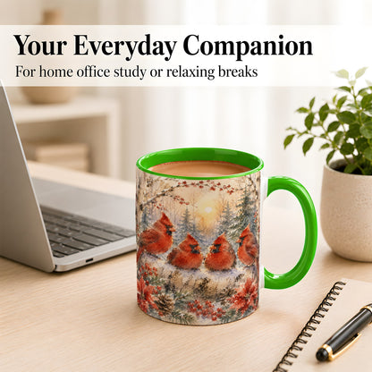 #pl[11oz|Green] Winter Cardinal Family Coffee Mug, Snowy Red Bird Mug, Ceramic Cup