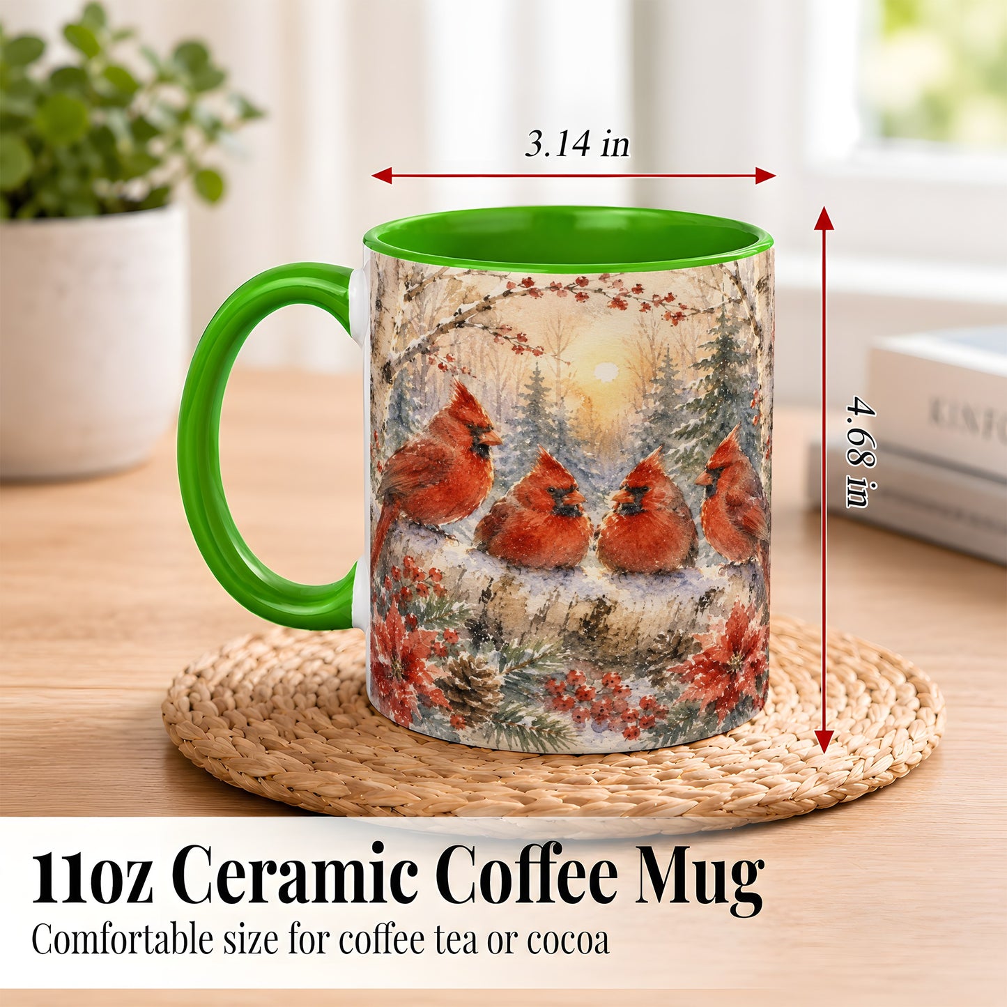 #pl[11oz|Green] Winter Cardinal Family Coffee Mug, Snowy Red Bird Mug, Ceramic Cup