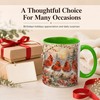 #pl[11oz|Green] Winter Cardinal Family Coffee Mug, Snowy Red Bird Mug, Ceramic Cup
