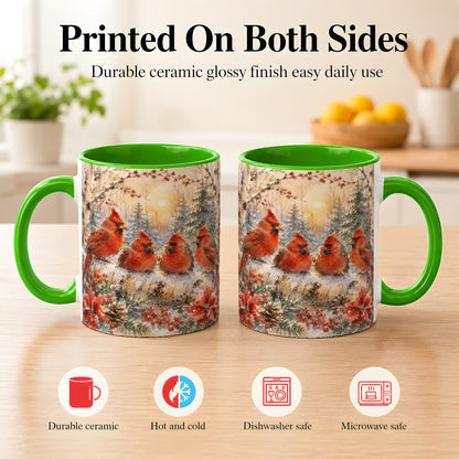 #pl[11oz|Green] Winter Cardinal Family Coffee Mug, Snowy Red Bird Mug, Ceramic Cup