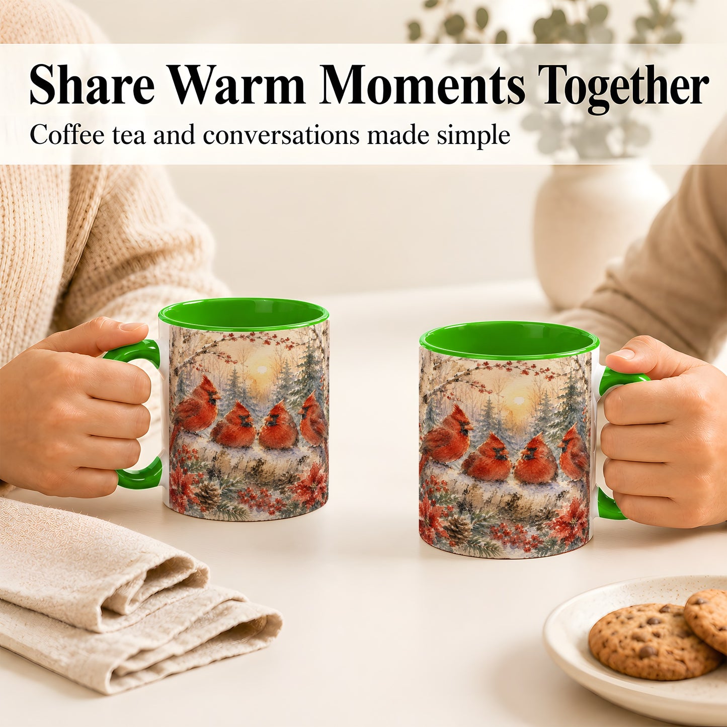 #pl[11oz|Green] Winter Cardinal Family Coffee Mug, Snowy Red Bird Mug, Ceramic Cup