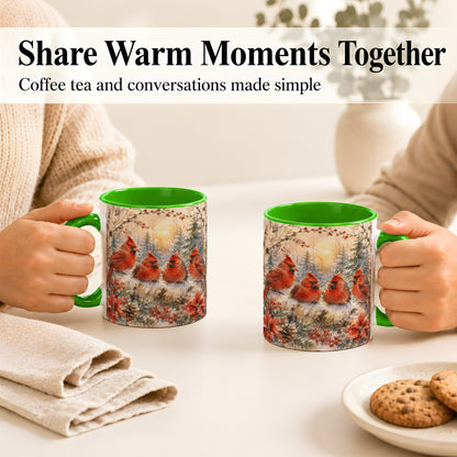 #pl[11oz|Green] Winter Cardinal Family Coffee Mug, Snowy Red Bird Mug, Ceramic Cup