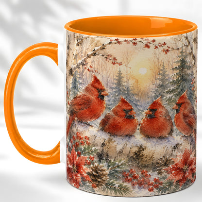 #pl[11oz|Orange] Winter Cardinal Family Coffee Mug, Snowy Red Bird Mug, Ceramic Cup