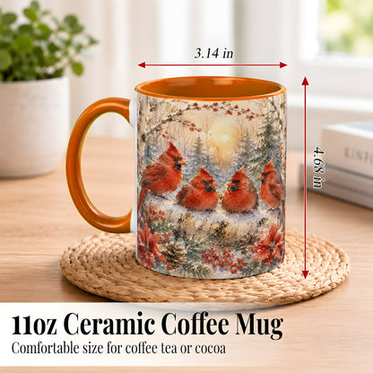 #pl[11oz|Orange] Winter Cardinal Family Coffee Mug, Snowy Red Bird Mug, Ceramic Cup