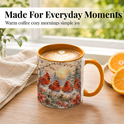 #pl[11oz|Orange] Winter Cardinal Family Coffee Mug, Snowy Red Bird Mug, Ceramic Cup