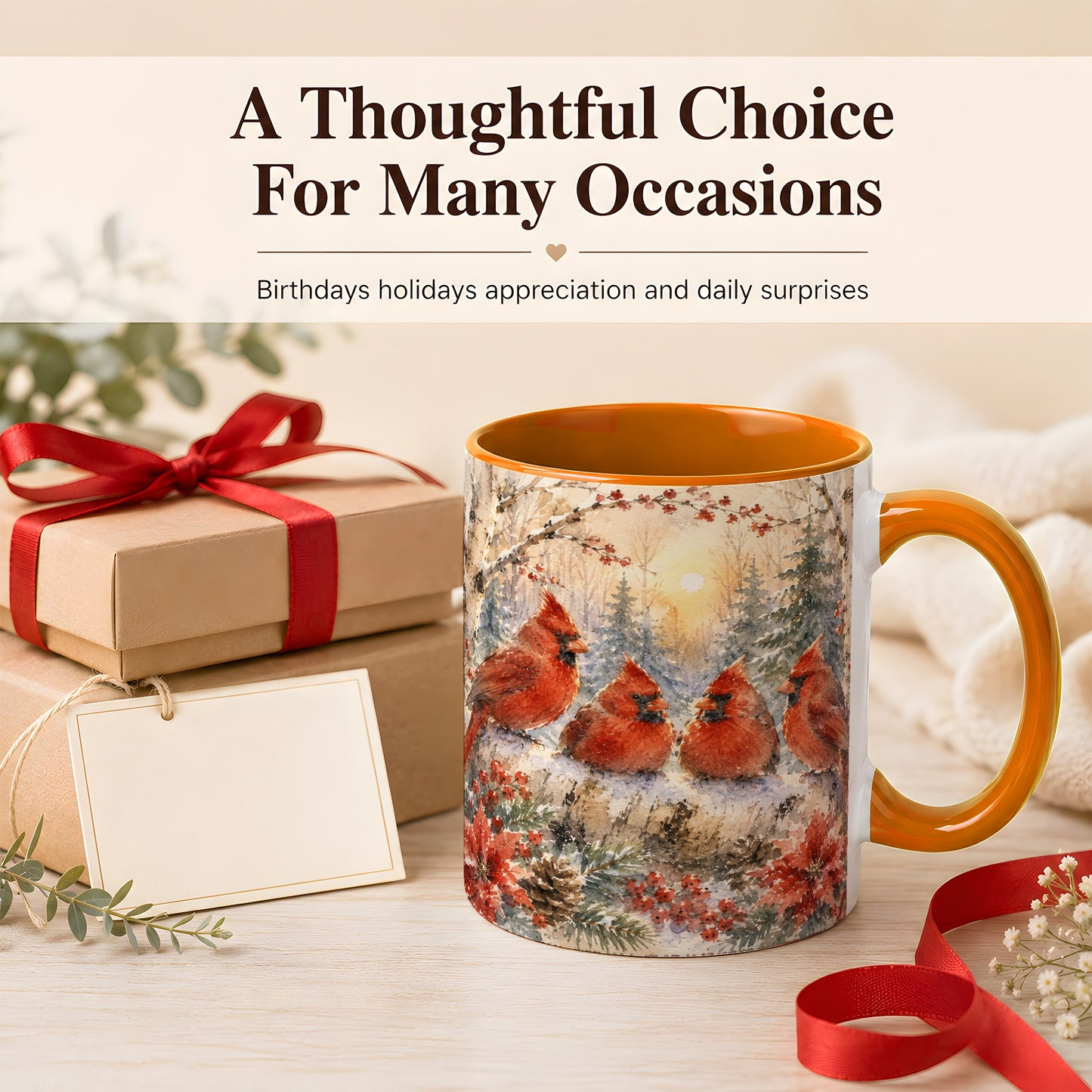 #pl[11oz|Orange] Winter Cardinal Family Coffee Mug, Snowy Red Bird Mug, Ceramic Cup
