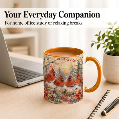 #pl[11oz|Orange] Winter Cardinal Family Coffee Mug, Snowy Red Bird Mug, Ceramic Cup