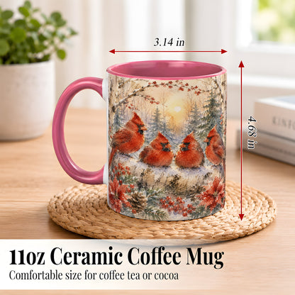 #pl[11oz|Pink] Winter Cardinal Family Coffee Mug, Snowy Red Bird Mug, Ceramic Cup