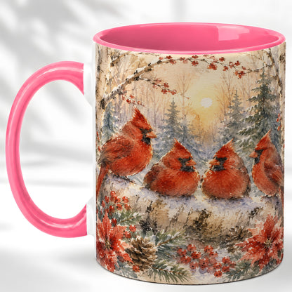 #pl[11oz|Pink] Winter Cardinal Family Coffee Mug, Snowy Red Bird Mug, Ceramic Cup