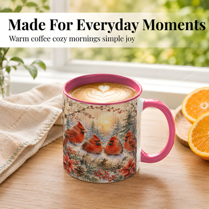 #pl[11oz|Pink] Winter Cardinal Family Coffee Mug, Snowy Red Bird Mug, Ceramic Cup