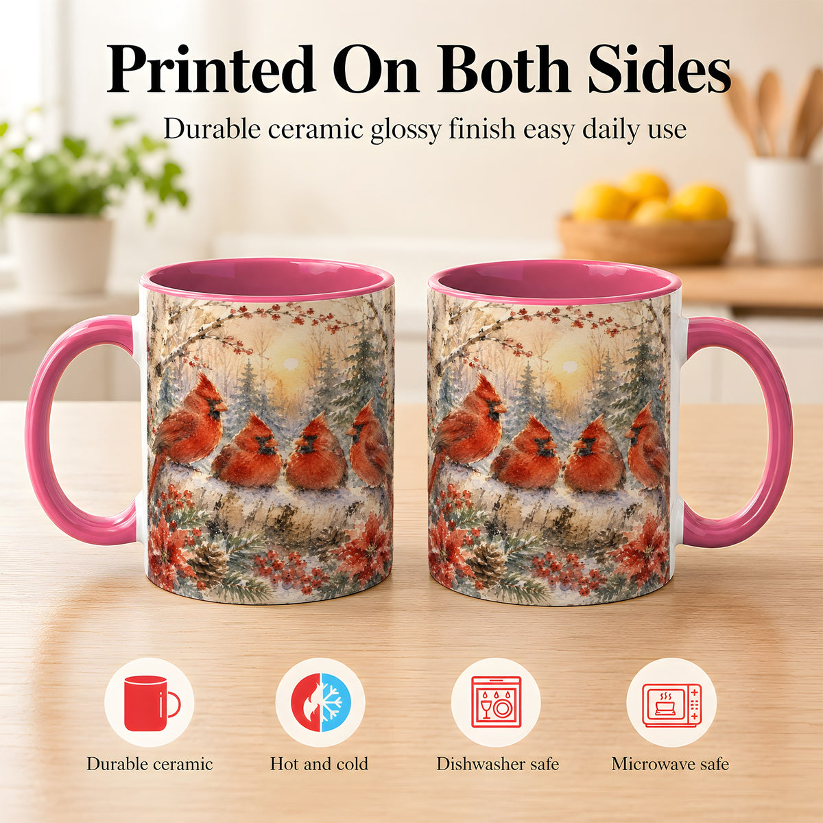 #pl[11oz|Pink] Winter Cardinal Family Coffee Mug, Snowy Red Bird Mug, Ceramic Cup