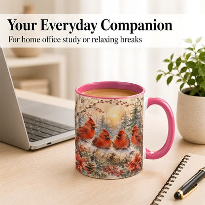#pl[11oz|Pink] Winter Cardinal Family Coffee Mug, Snowy Red Bird Mug, Ceramic Cup