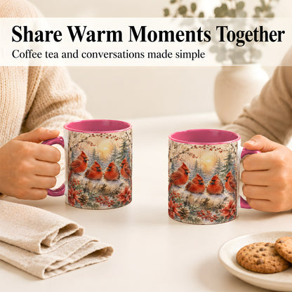 #pl[11oz|Pink] Winter Cardinal Family Coffee Mug, Snowy Red Bird Mug, Ceramic Cup