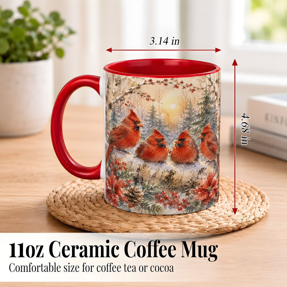 #pl[11oz|Red] Winter Cardinal Family Coffee Mug, Snowy Red Bird Mug, Ceramic Cup