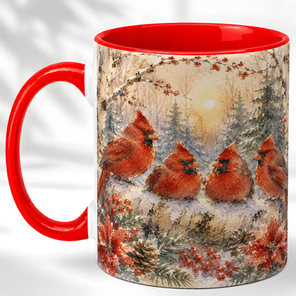 Winter Cardinal Family Coffee Mug, Snowy Red Bird Mug, Ceramic Cup