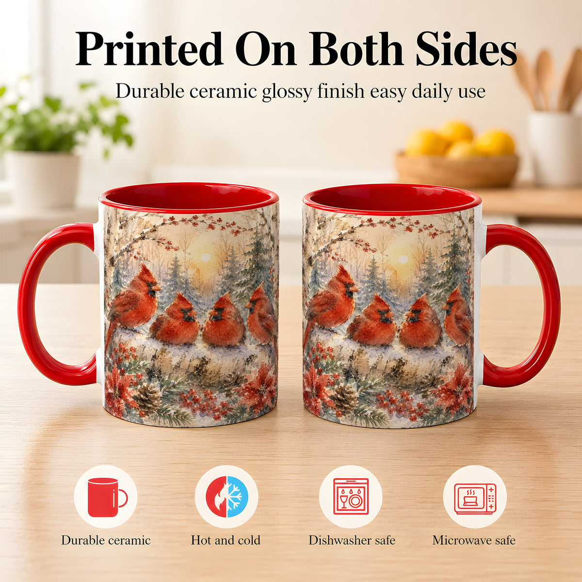 #pl[11oz|Red] Winter Cardinal Family Coffee Mug, Snowy Red Bird Mug, Ceramic Cup