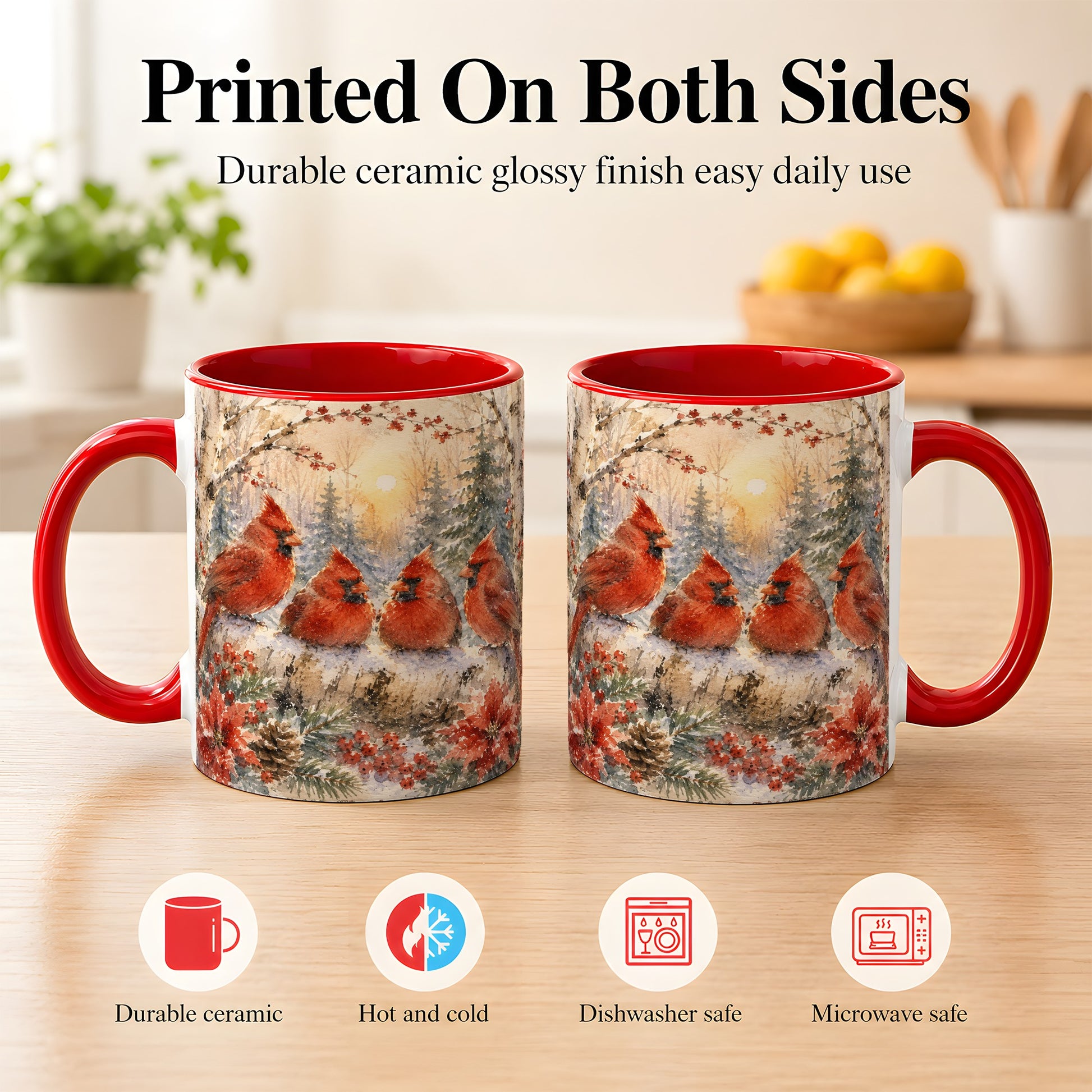 #pl[11oz|Red] Winter Cardinal Family Coffee Mug, Snowy Red Bird Mug, Ceramic Cup