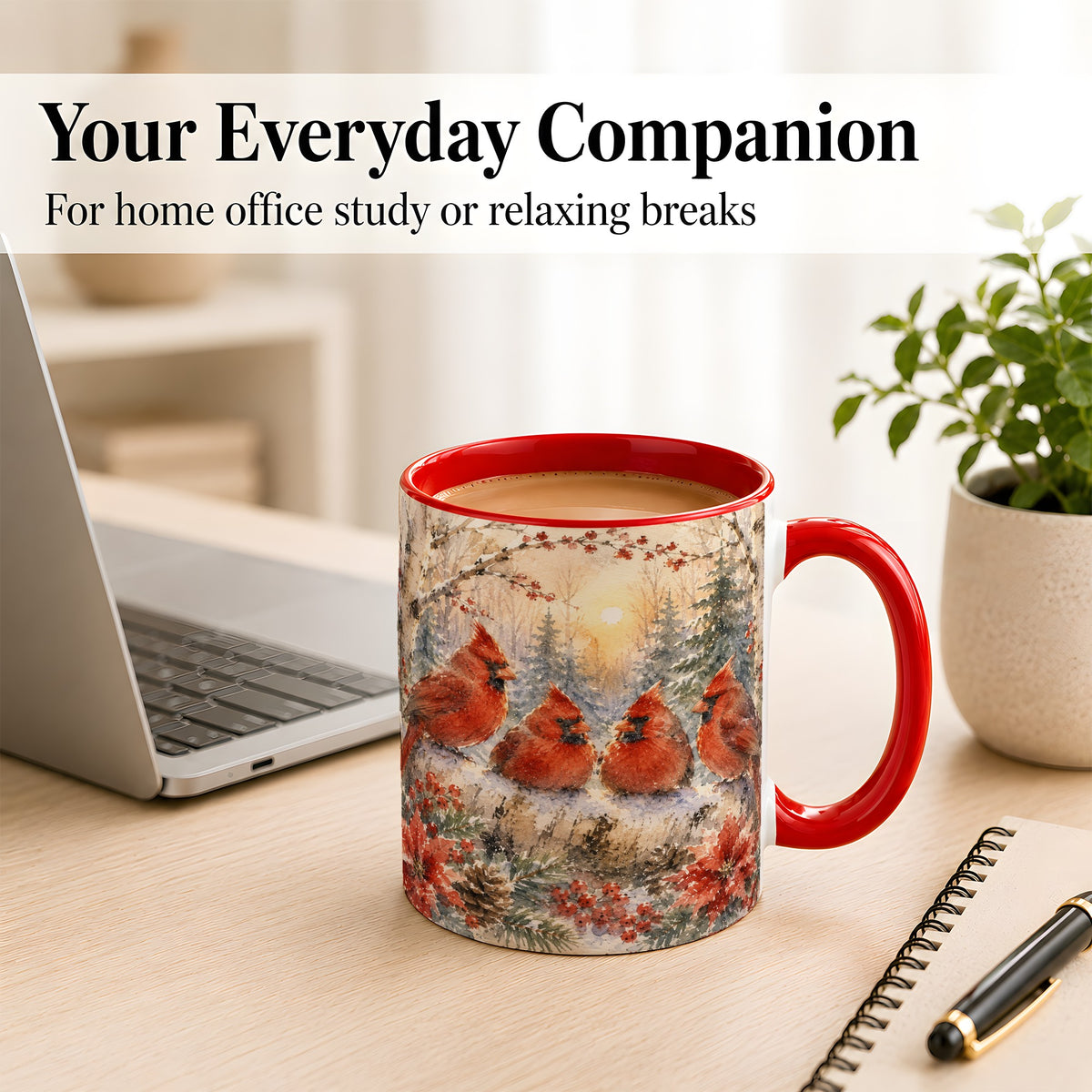 #pl[11oz|Red] Winter Cardinal Family Coffee Mug, Snowy Red Bird Mug, Ceramic Cup