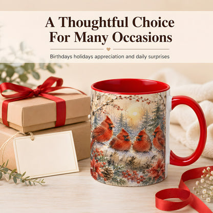 #pl[11oz|Red] Winter Cardinal Family Coffee Mug, Snowy Red Bird Mug, Ceramic Cup