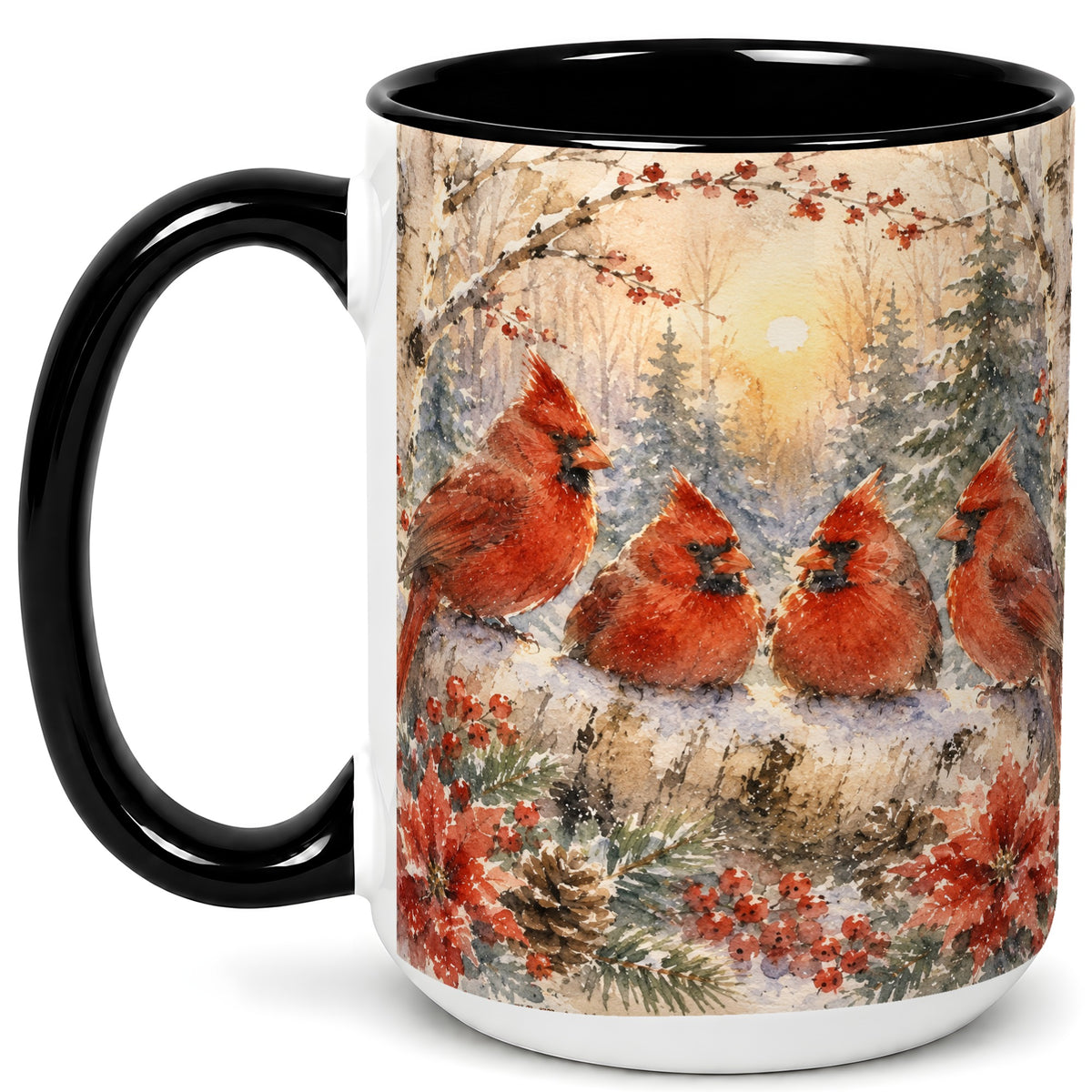 #pl[15oz|Black] Winter Cardinal Family Coffee Mug, Snowy Red Bird Mug, Ceramic Cup