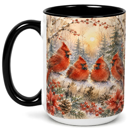 #pl[15oz|Black] Winter Cardinal Family Coffee Mug, Snowy Red Bird Mug, Ceramic Cup