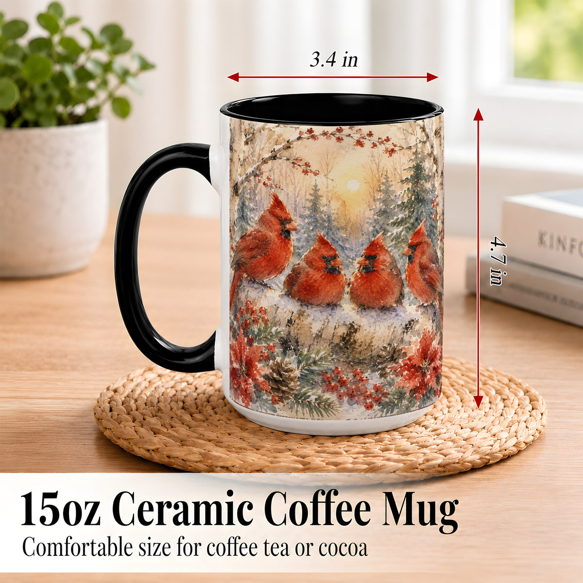 #pl[15oz|Black] Winter Cardinal Family Coffee Mug, Snowy Red Bird Mug, Ceramic Cup