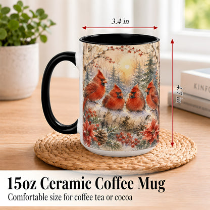 #pl[15oz|Black] Winter Cardinal Family Coffee Mug, Snowy Red Bird Mug, Ceramic Cup
