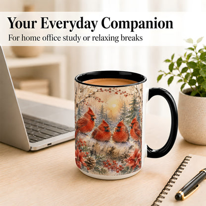 #pl[15oz|Black] Winter Cardinal Family Coffee Mug, Snowy Red Bird Mug, Ceramic Cup