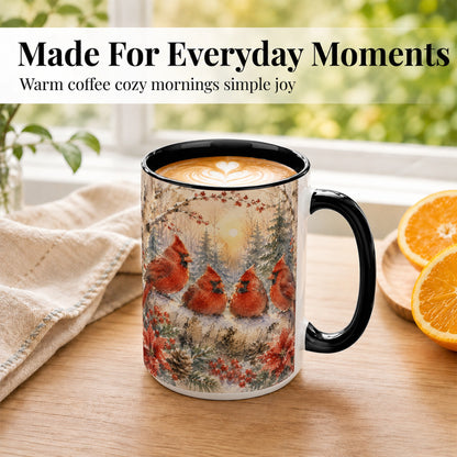 #pl[15oz|Black] Winter Cardinal Family Coffee Mug, Snowy Red Bird Mug, Ceramic Cup