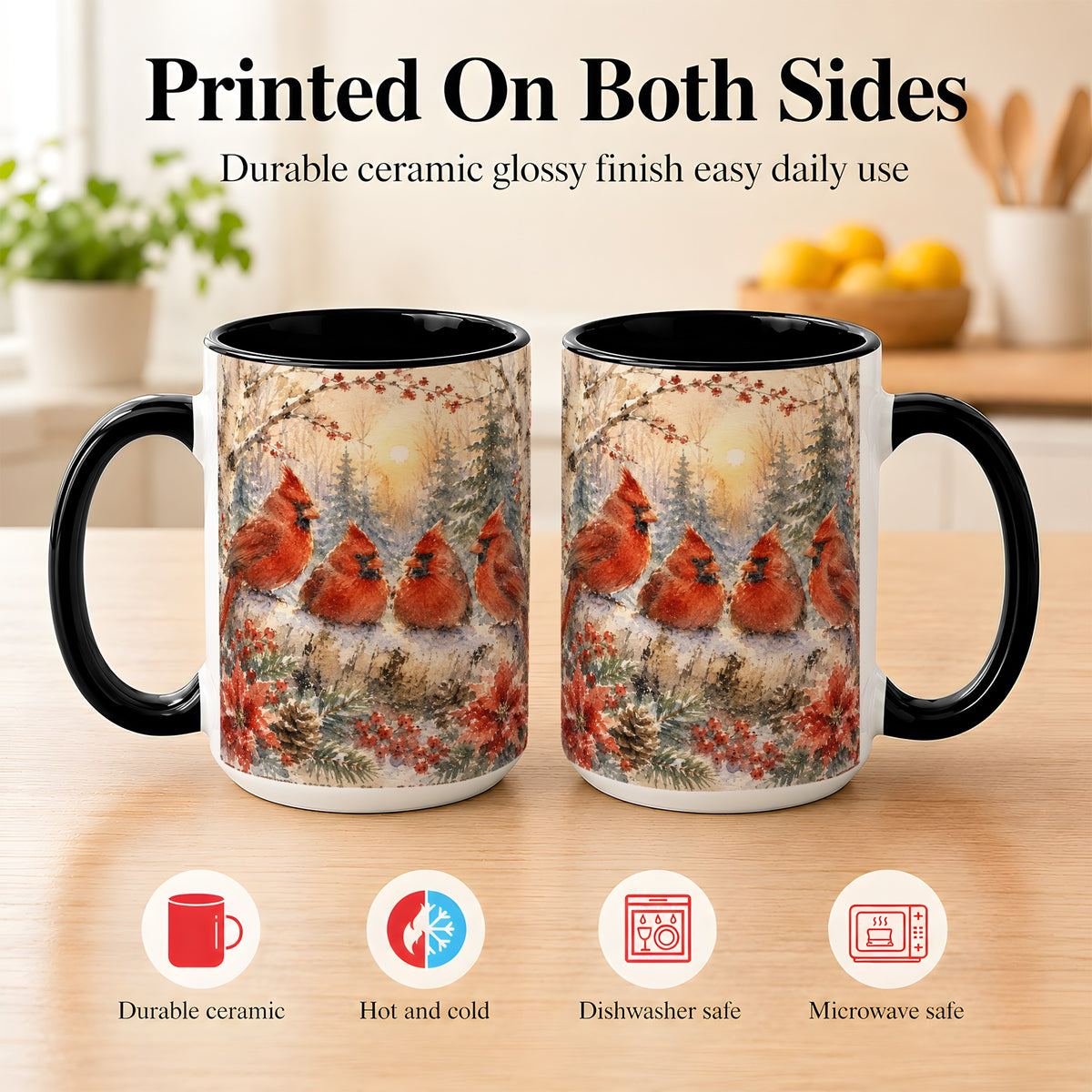 #pl[15oz|Black] Winter Cardinal Family Coffee Mug, Snowy Red Bird Mug, Ceramic Cup