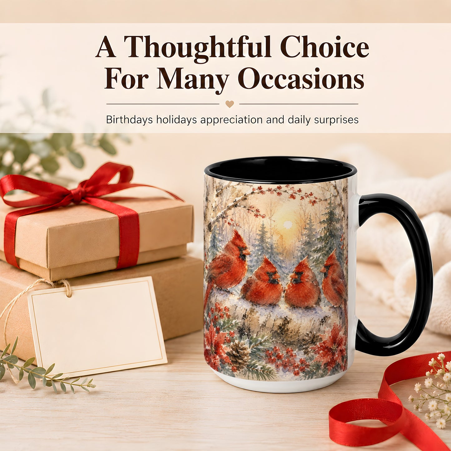 #pl[15oz|Black] Winter Cardinal Family Coffee Mug, Snowy Red Bird Mug, Ceramic Cup