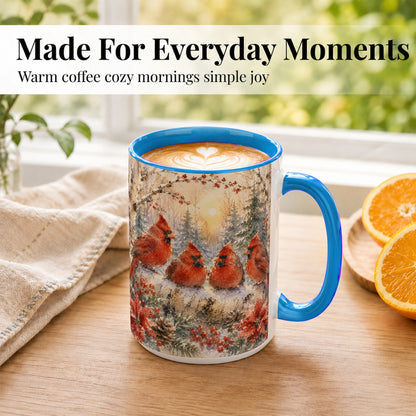 #pl[15oz|Blue] Winter Cardinal Family Coffee Mug, Snowy Red Bird Mug, Ceramic Cup