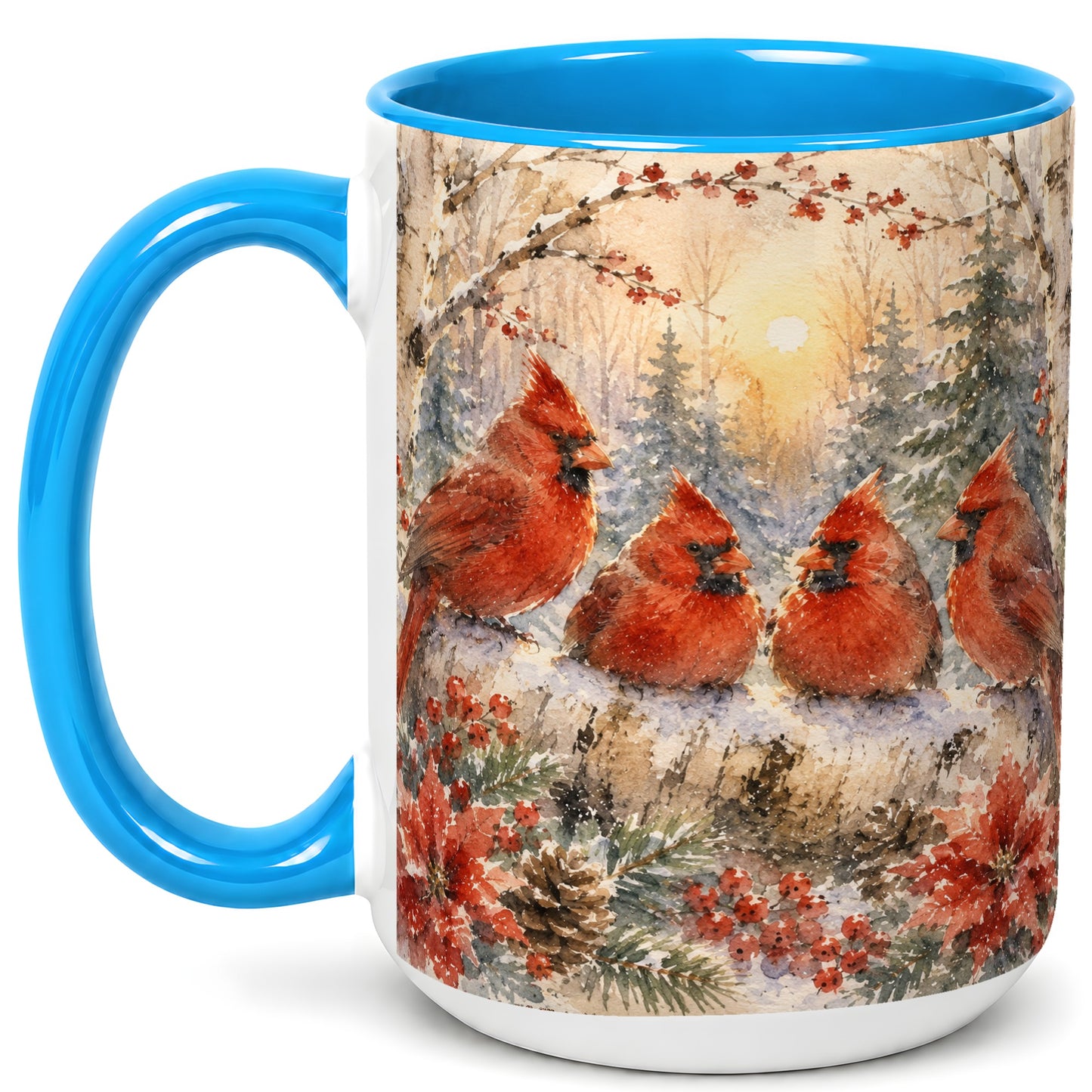 #pl[15oz|Blue] Winter Cardinal Family Coffee Mug, Snowy Red Bird Mug, Ceramic Cup