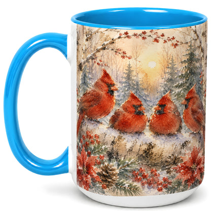 #pl[15oz|Blue] Winter Cardinal Family Coffee Mug, Snowy Red Bird Mug, Ceramic Cup