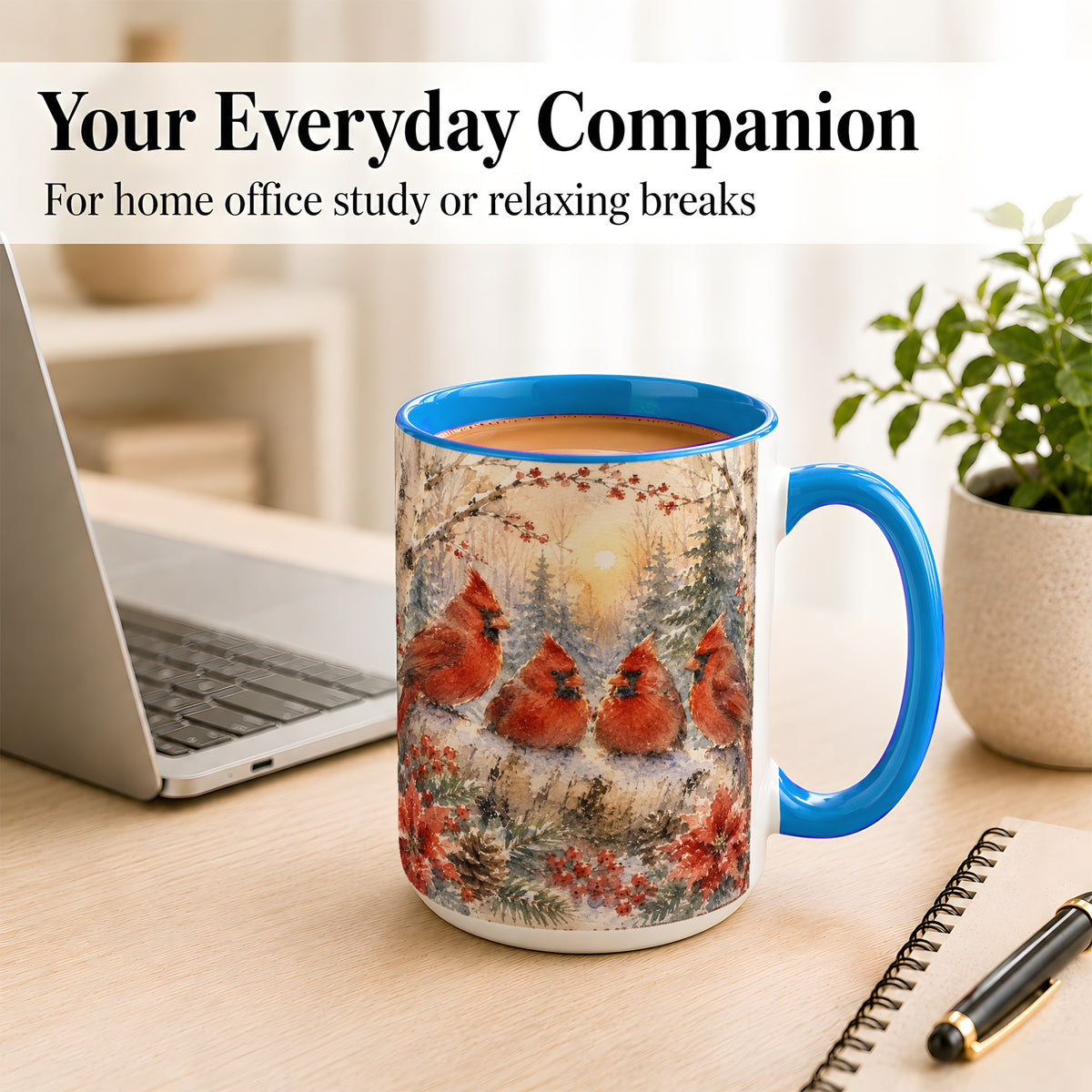 #pl[15oz|Blue] Winter Cardinal Family Coffee Mug, Snowy Red Bird Mug, Ceramic Cup