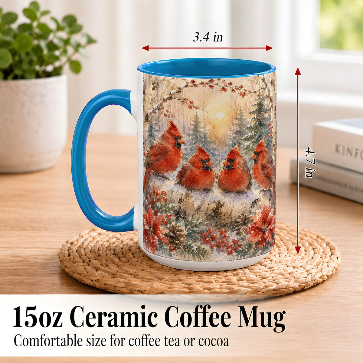 #pl[15oz|Blue] Winter Cardinal Family Coffee Mug, Snowy Red Bird Mug, Ceramic Cup
