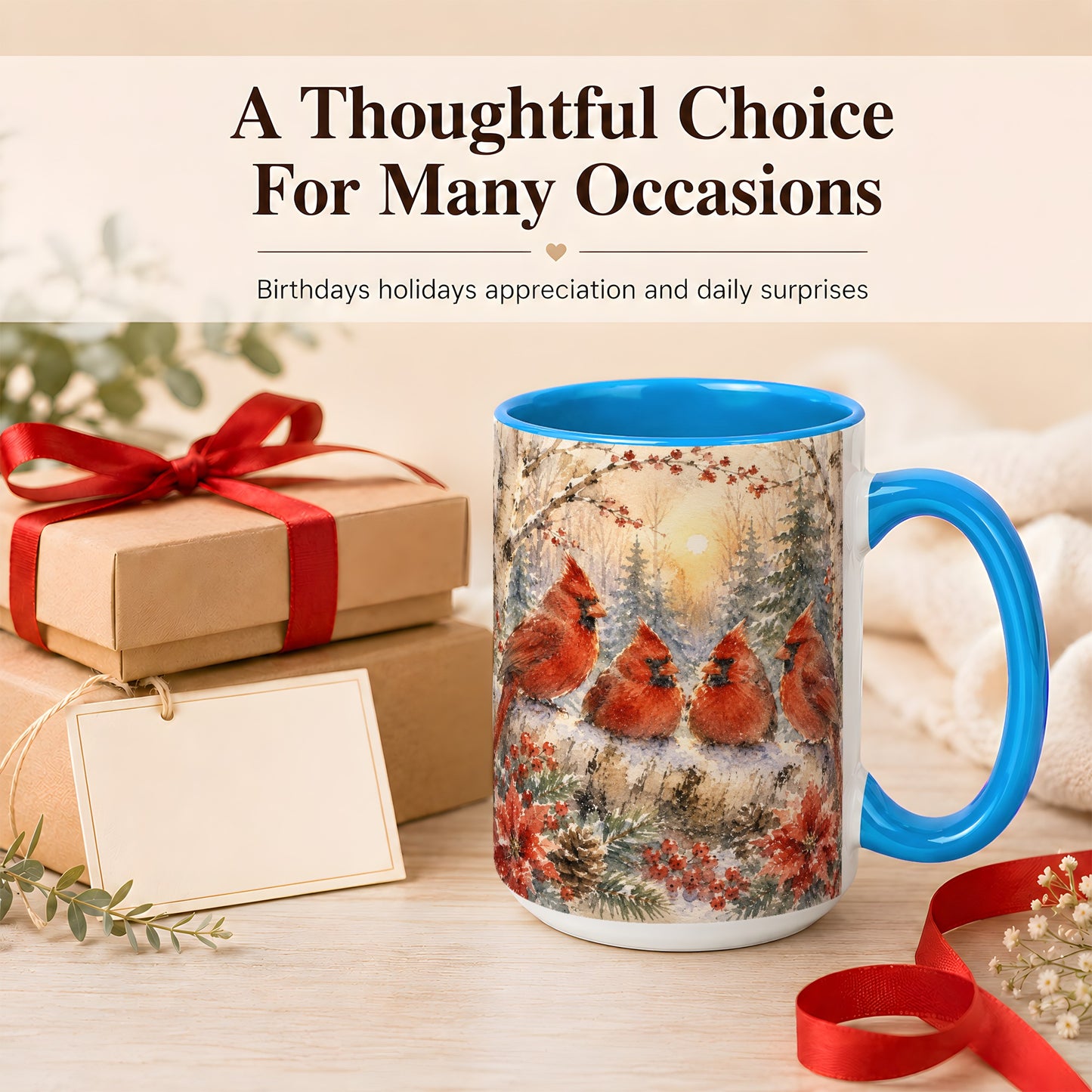#pl[15oz|Blue] Winter Cardinal Family Coffee Mug, Snowy Red Bird Mug, Ceramic Cup