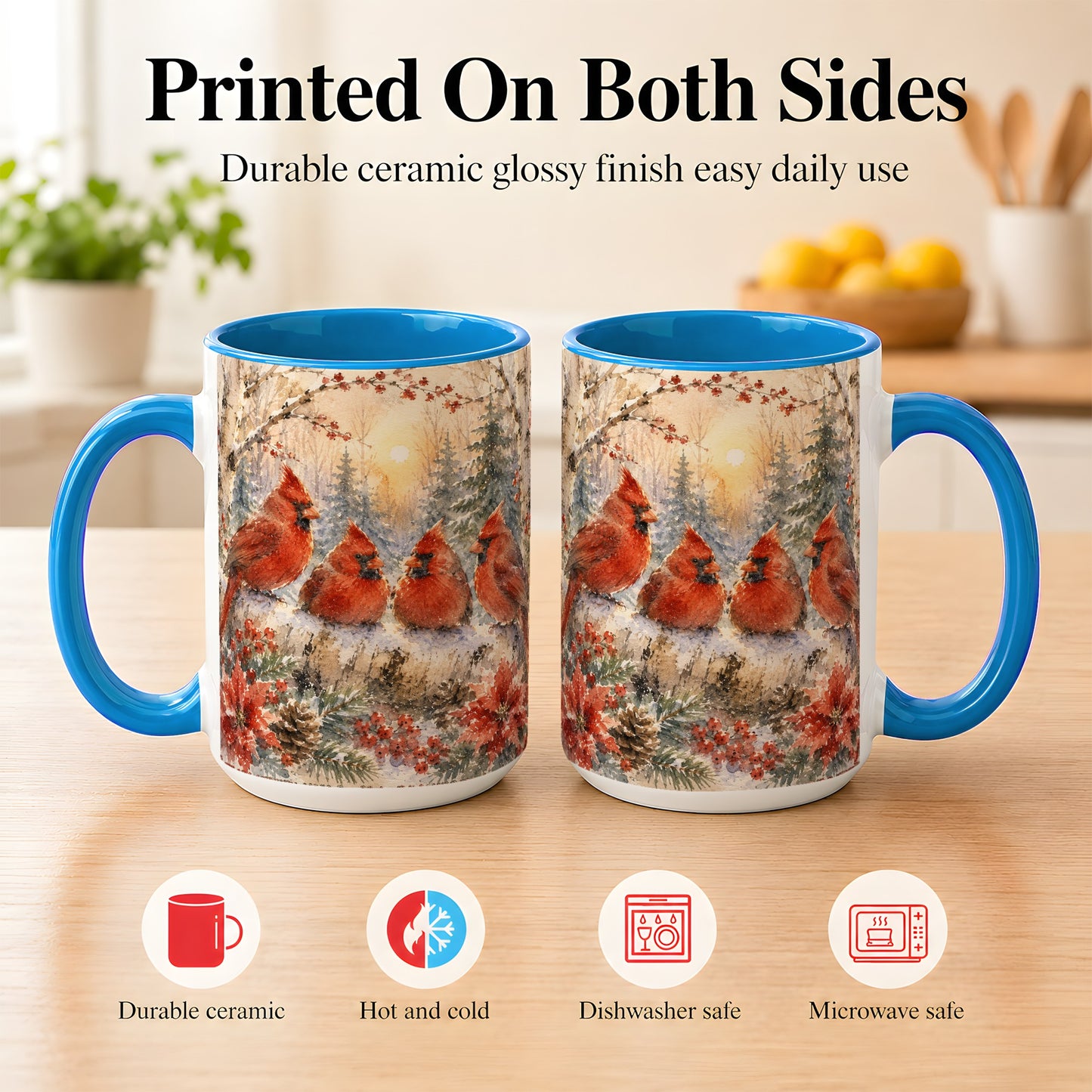 #pl[15oz|Blue] Winter Cardinal Family Coffee Mug, Snowy Red Bird Mug, Ceramic Cup