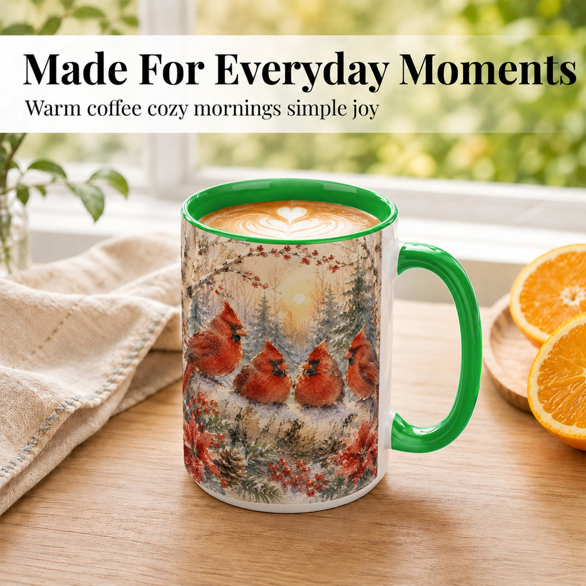 #pl[15oz|Green] Winter Cardinal Family Coffee Mug, Snowy Red Bird Mug, Ceramic Cup