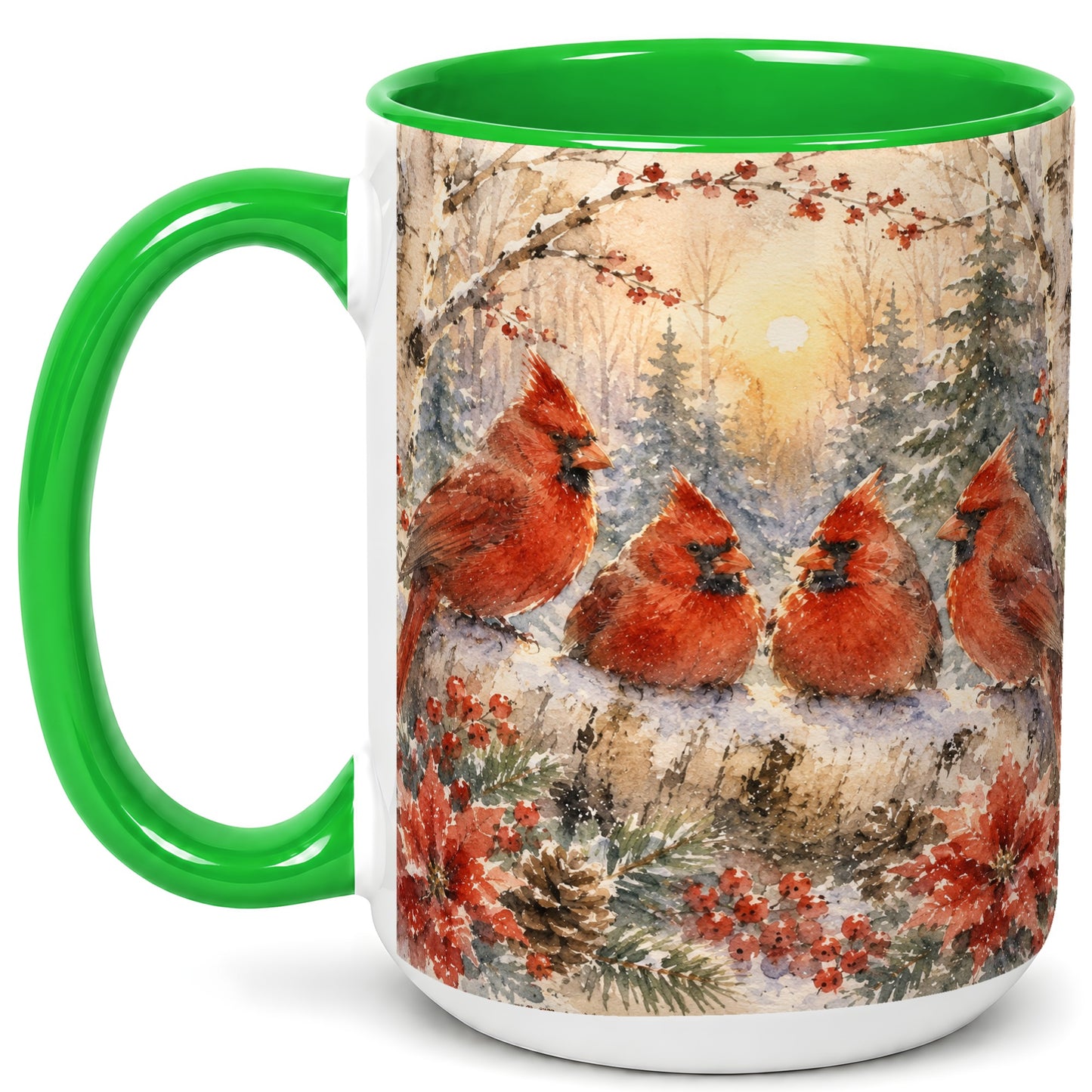 #pl[15oz|Green] Winter Cardinal Family Coffee Mug, Snowy Red Bird Mug, Ceramic Cup
