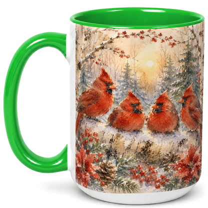 #pl[15oz|Green] Winter Cardinal Family Coffee Mug, Snowy Red Bird Mug, Ceramic Cup