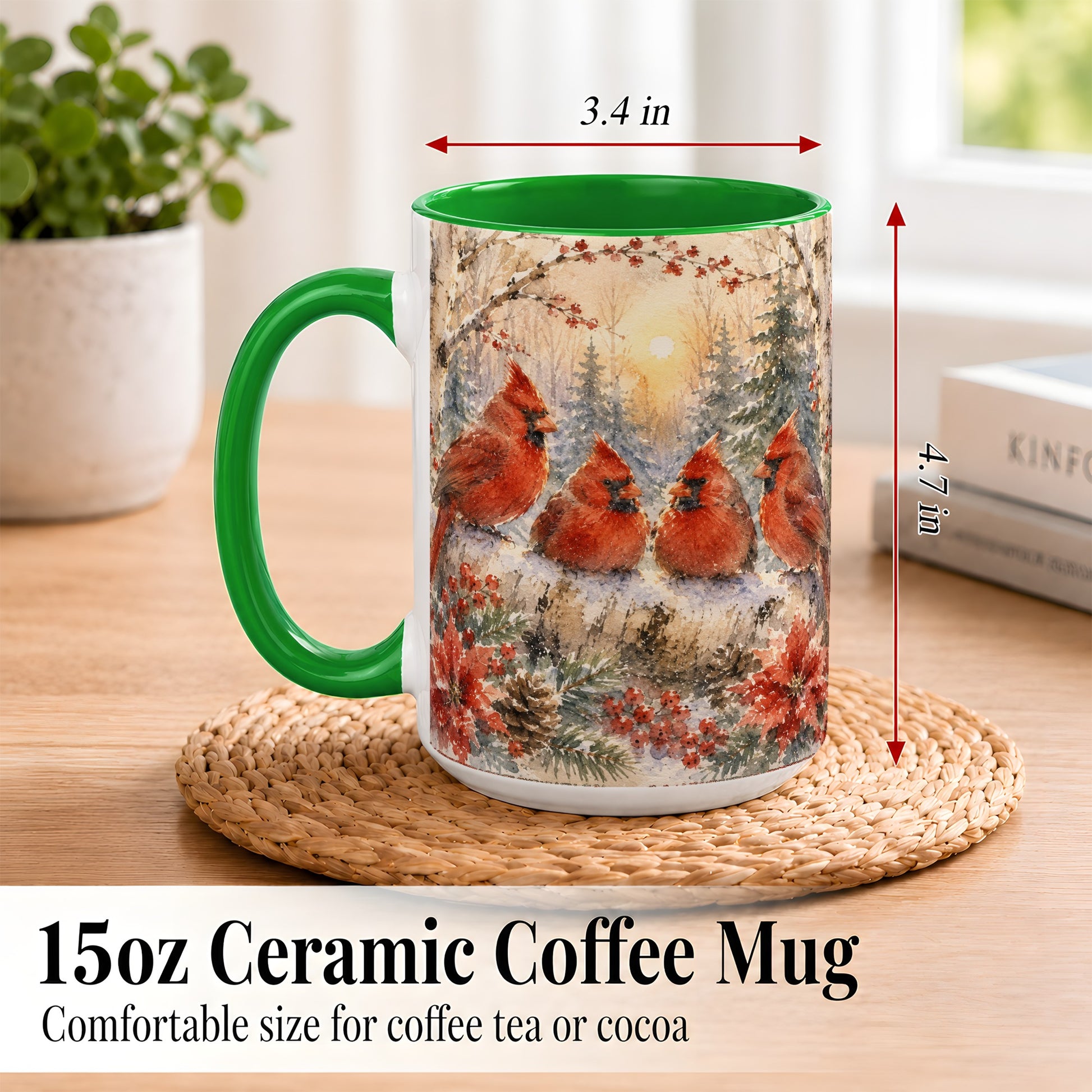 #pl[15oz|Green] Winter Cardinal Family Coffee Mug, Snowy Red Bird Mug, Ceramic Cup