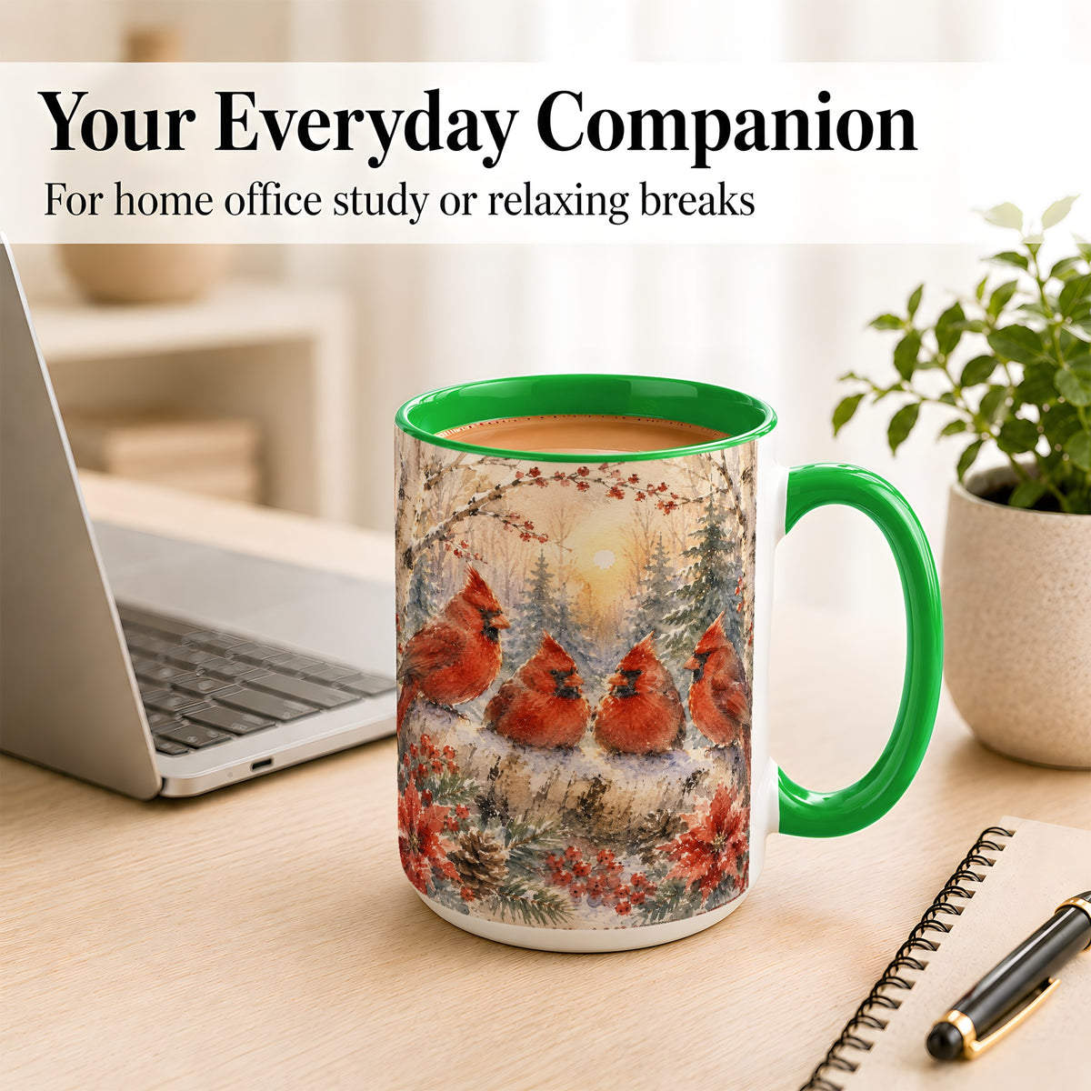 #pl[15oz|Green] Winter Cardinal Family Coffee Mug, Snowy Red Bird Mug, Ceramic Cup