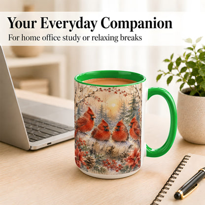 #pl[15oz|Green] Winter Cardinal Family Coffee Mug, Snowy Red Bird Mug, Ceramic Cup