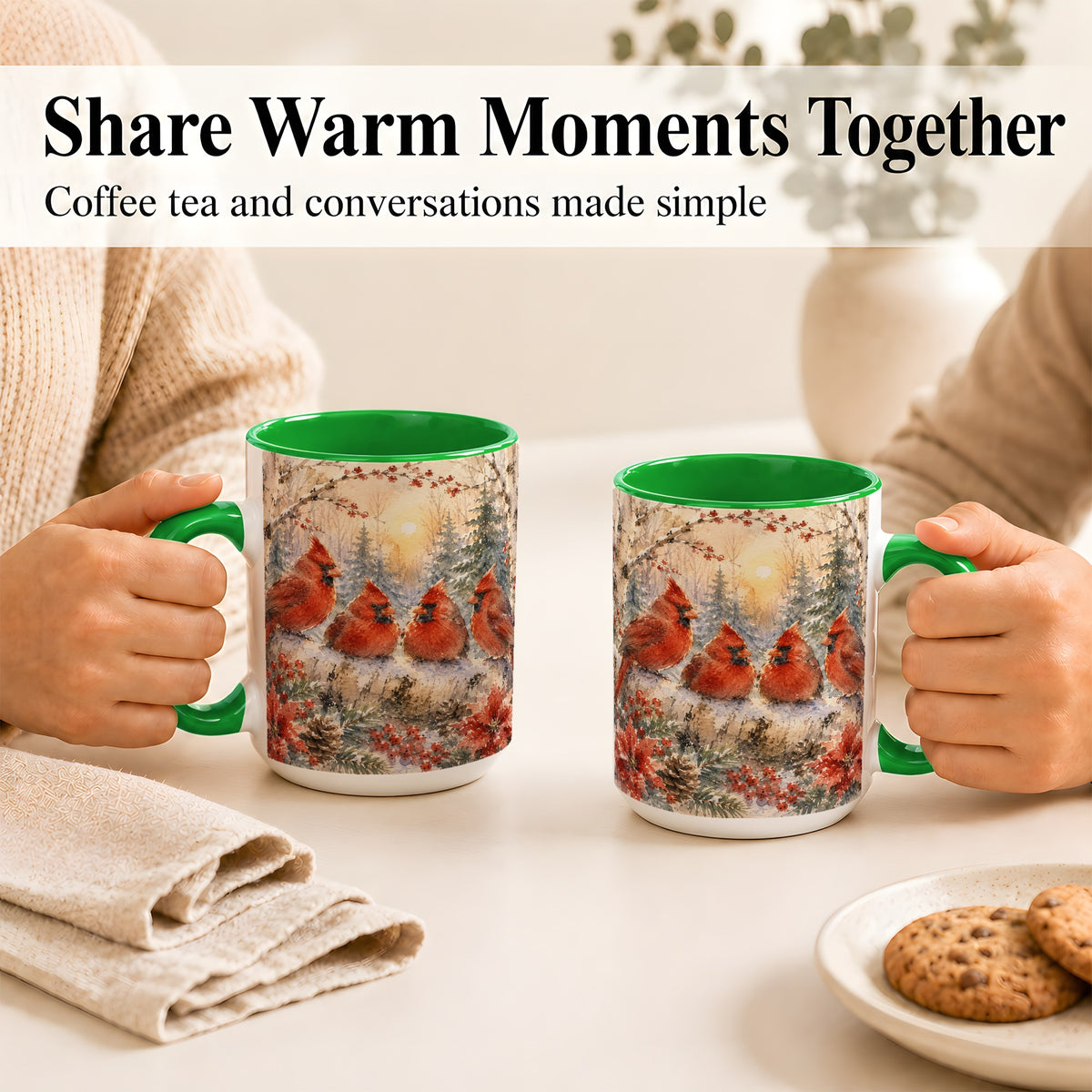 #pl[15oz|Green] Winter Cardinal Family Coffee Mug, Snowy Red Bird Mug, Ceramic Cup