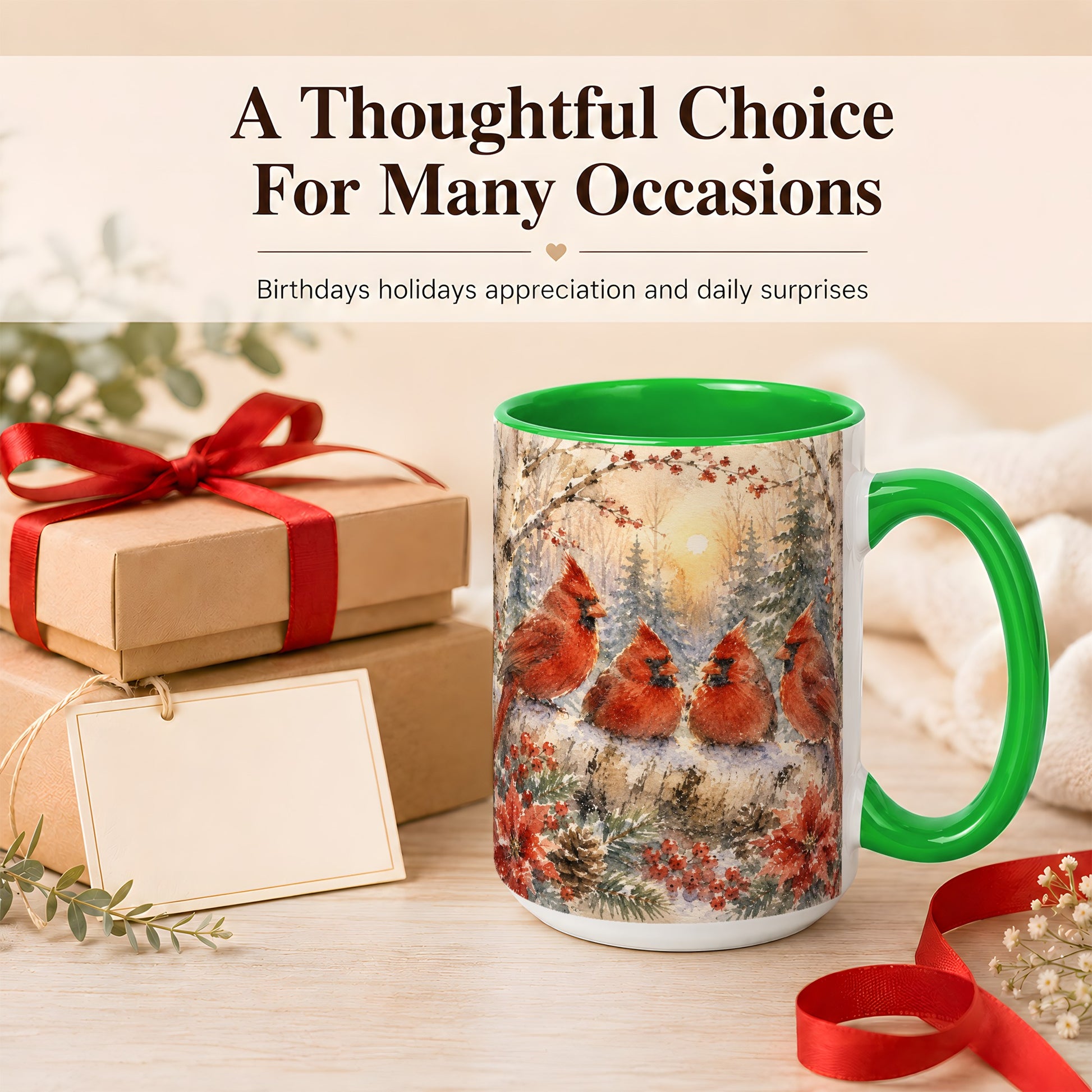 #pl[15oz|Green] Winter Cardinal Family Coffee Mug, Snowy Red Bird Mug, Ceramic Cup