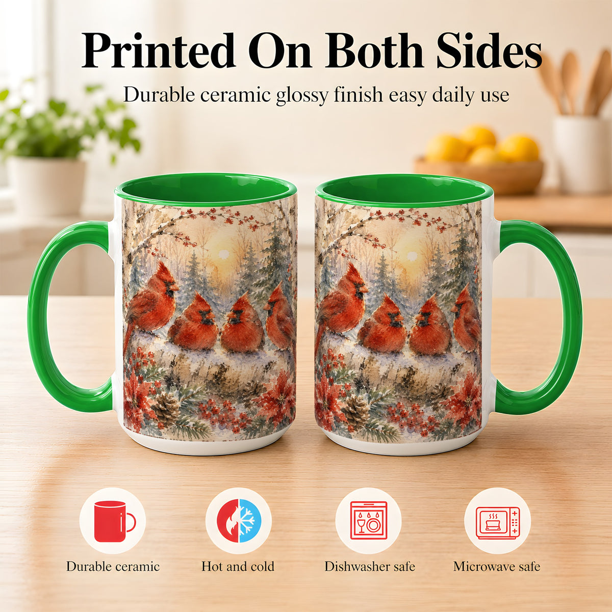 #pl[15oz|Green] Winter Cardinal Family Coffee Mug, Snowy Red Bird Mug, Ceramic Cup