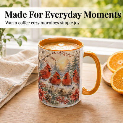 #pl[15oz|Orange] Winter Cardinal Family Coffee Mug, Snowy Red Bird Mug, Ceramic Cup