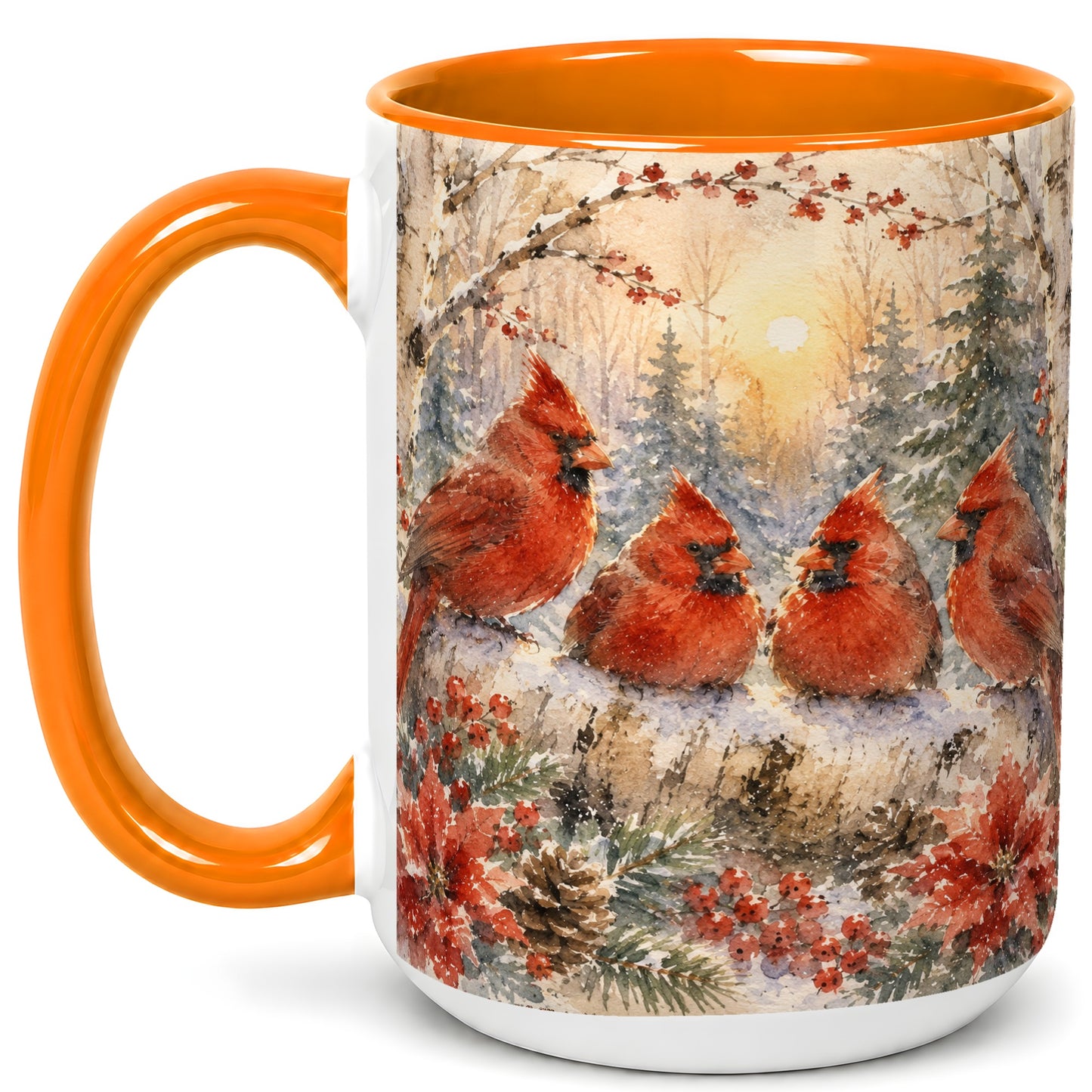 #pl[15oz|Orange] Winter Cardinal Family Coffee Mug, Snowy Red Bird Mug, Ceramic Cup